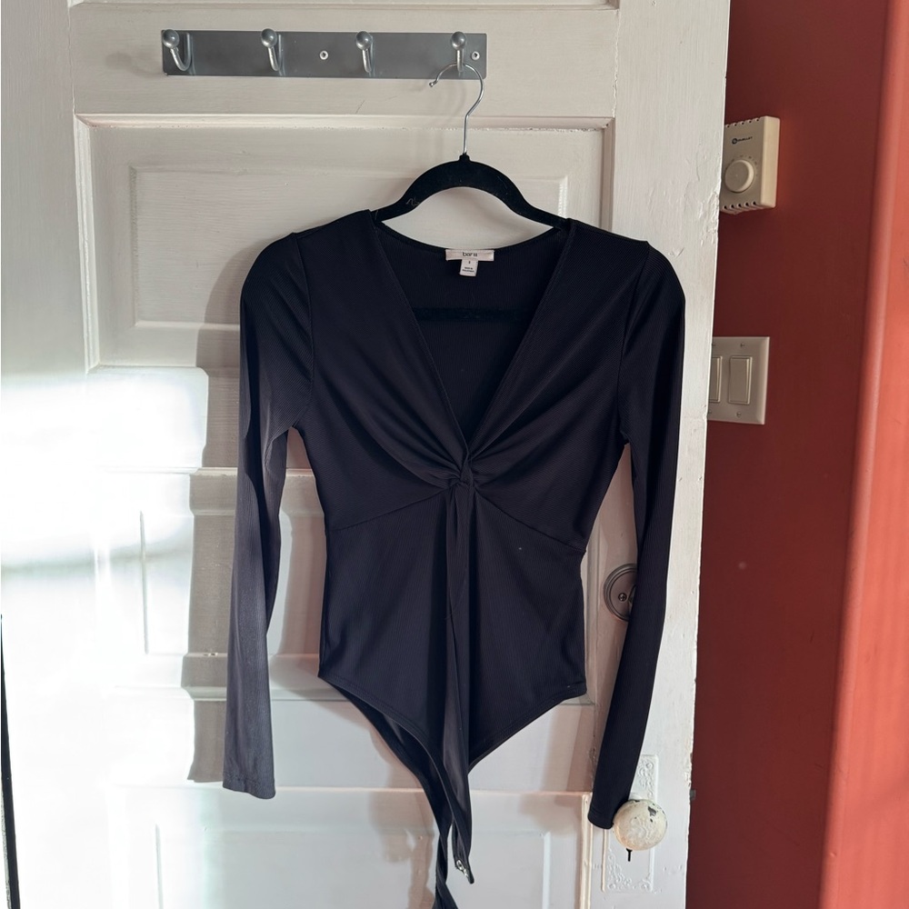Bar III Black Long Sleeve Tie Front Bodysuit